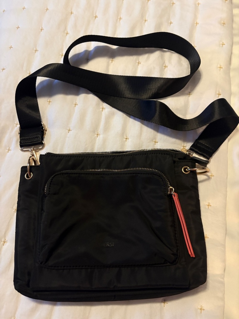 Black Crossbody Bag with Pink Zip Pull - womens purse